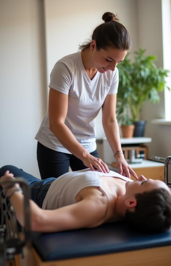 Private pilates session — certified instructor adjusting client form in a one-to-one environment